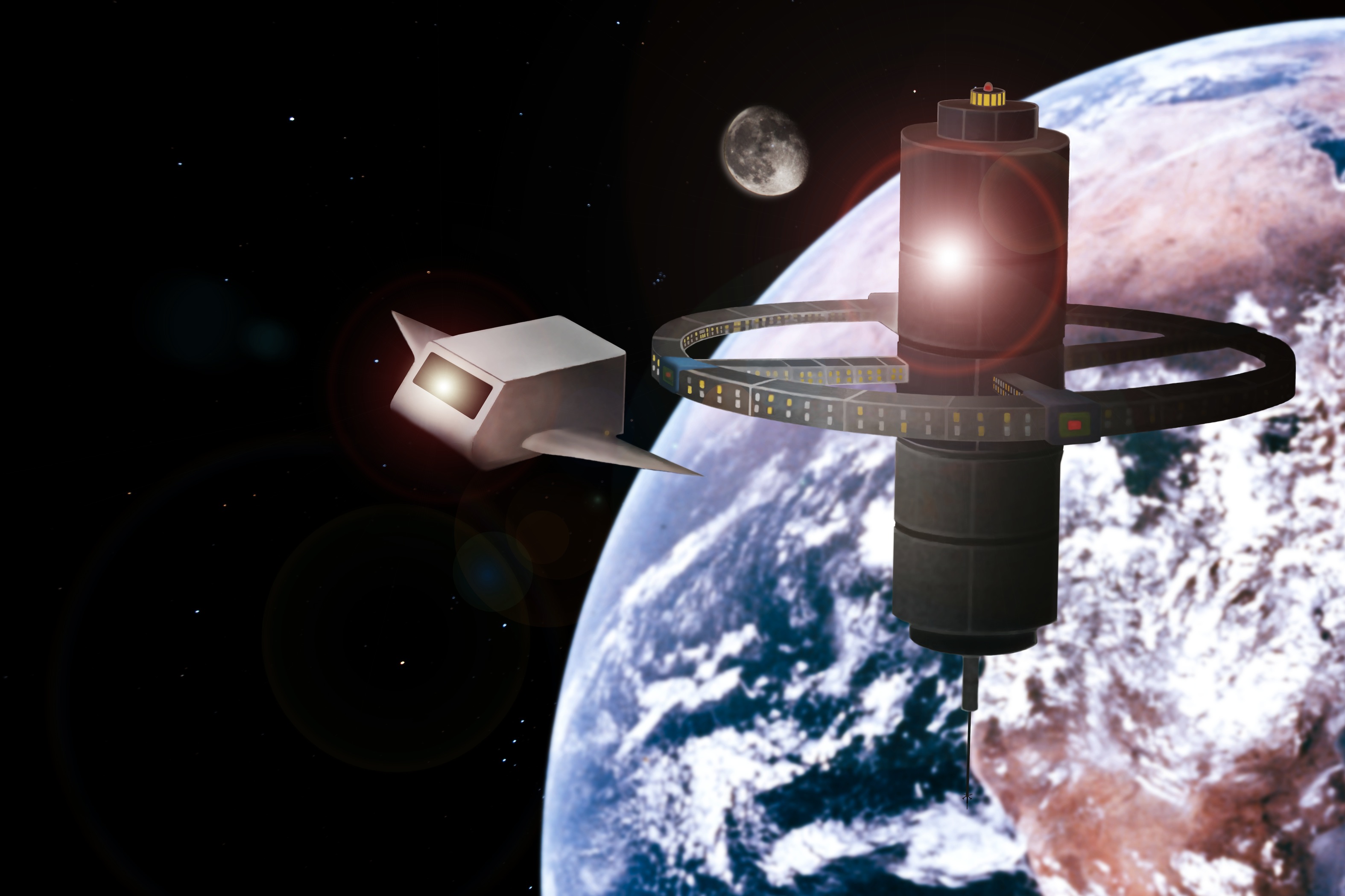 Background image of a space station